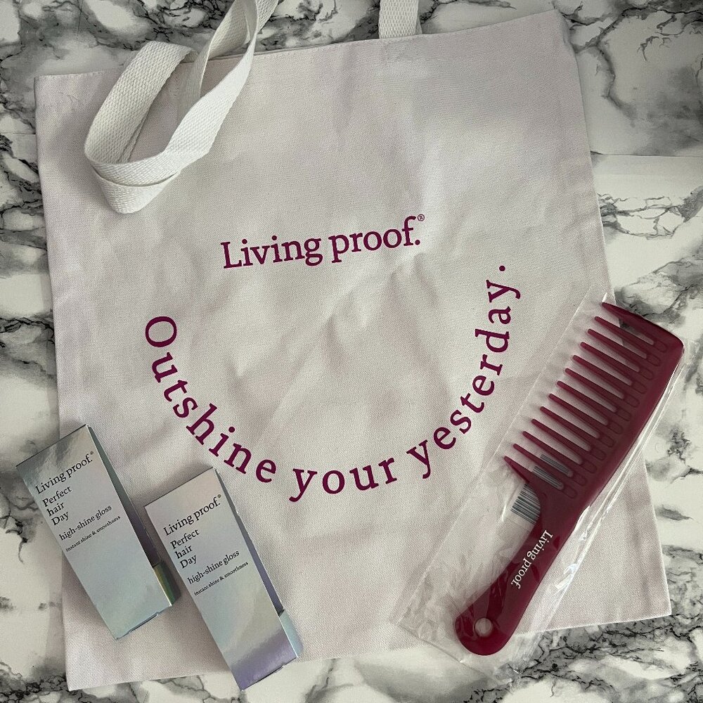 LIVING PROOF Perfect Hair Day High-Shine Gloss 2 Samples + Comb & TOTE Bag Merch